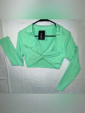 Mint Long Sleeve Twist Front Crop Top - My Dress